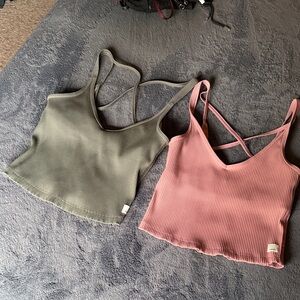 Vuori Ribbed V-Neck Strappy Tank Tops - Olive and Blush